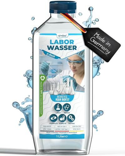 Qindoo Laborwasser, Aqua Bidest, Bidestilliertes Wasser Rein 2-Fach (1 Liter)