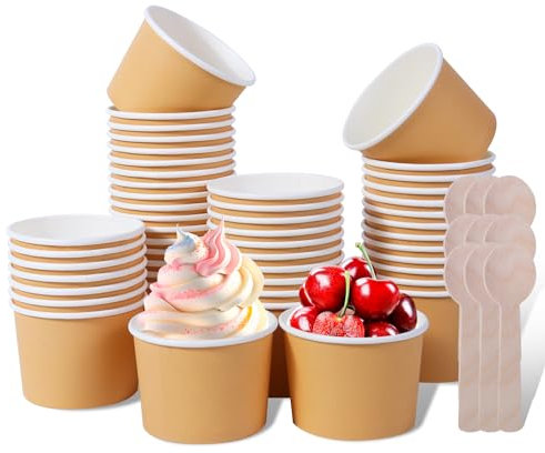 AQSXO 100 coppette di carta usa e getta da 226,8 g, mini cucchiai in legno per cibi caldi o freddi, gelati, yogurt congelato, zuppe.