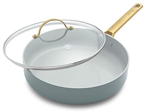 GreenPan Padova Reserve Sauteuse Antiadhésive en Céramique Saine Anodisée Dure 28 cm/3 Litre avec Couvercle en Verre, Sans PFAS, Induction, Poignée Dorée, Va au Lave-Vaisselle, Va au Four, Bleu Fumé