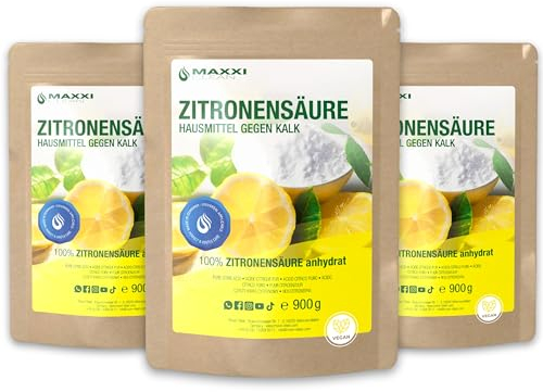 Maxxi Clean | 3x 900 g Zitronensäure Pulver in Lebensmittelqualität | Made in Germany | Hausmittel für Küche, Haushalt & Kosmetik | Citronensäure (100% Reinheit) | Säuerungs,- und Konservierungsmittel