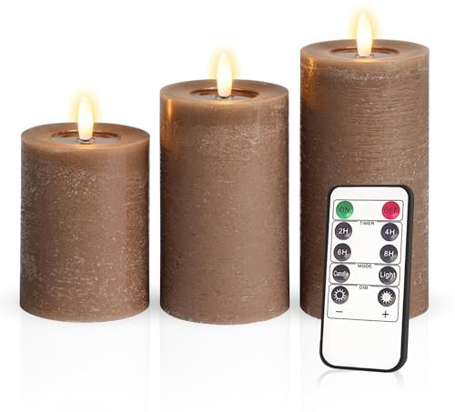 Meisterhome® 3er-Set Flammenlose LED Kerzen - Kojotenbraun - Rustik Design Stumpenkerze - mit Fernbedienung – mit Timer - Batteriebetrieben – Warmweiß - 10/12,5/15 cm hoch - mit flackernder Flamme