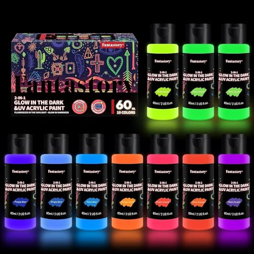 fantastory Halloween Glow in the Dark Paint,60ml/2oz,Neon Colors Glow Acrylic Paints,Waterproof Blacklight Paint for Outdoor Rock,Wood,Craft,Canva,Pumpkin,Holiday Decor,Kids&Adult[FluorescentSeries]