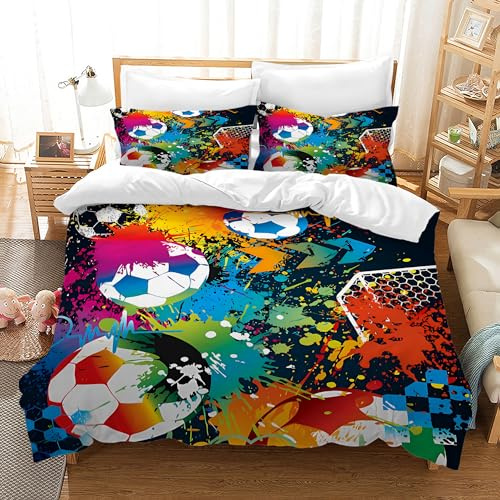 Housse de Couette Football Parure de Lit Sport Football Motif pour Enfant 1/2 Personne,Housses de Couettes Microfibre avec Fermeture Éclair et 2 Taies d'oreiller 65x65 cm (Football 02, 140 x 200 cm)