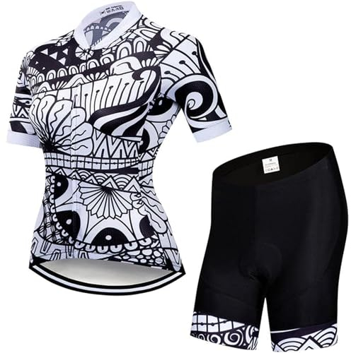 Damen Fahrradtrikot-Set, atmungsaktiv, schnelltrocknend, für Damen, Fahrrad, MTB, kurzärmelig + mit atmungsaktivem 9D-Gel-Polsterung, schnelltrocknend, MTB-Outfit, A-13, 46