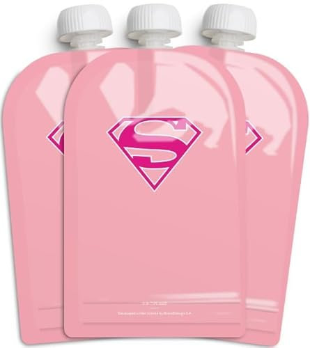 Herobility DC Supergirl Food Pouch 180ml / 6 Fl Oz - Squeeze Pouches for Baby, Reusable, Sustainable, Leak-Proof Design, Double Zip-Lock, BPA Free - 3 Pack
