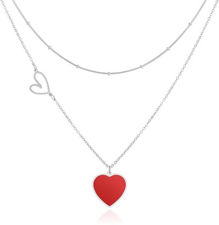 Linawe Silver Red Heart Pendant Necklace, Layered Chain Choker Necklaces for Women Trendy, Stainless Steel Stacked Necklaces, Y2K Preppy Double Heart Jewellery, Lover Necklace