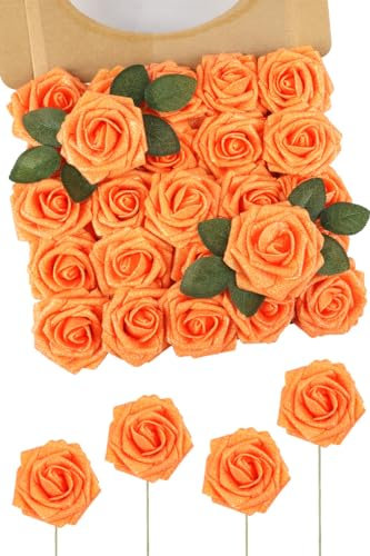 N&T NIETING Fiori artificiali, rosa glitterata, 25 pezzi, fiori finti, con steli, in finta pelle, per matrimoni, bouquet, feste, ufficio, bambini, doccia, casa, decorazione natalizia (arancione)