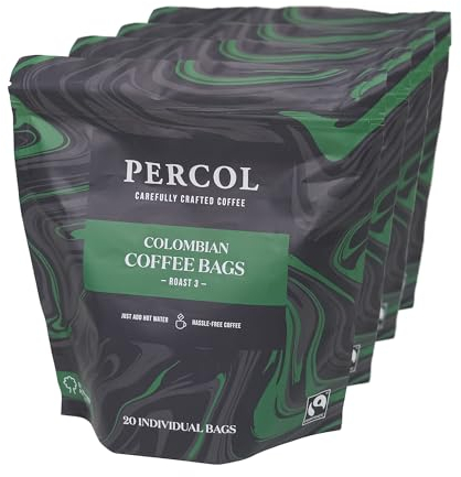 Percol - Colombian Loose Packed Ground Coffee Bags (80x8g), Luxury Roast & Ground, Fairtrade, Hand-Picked Arabica Beans, Single Origin,Light Roast, Strength 3, Sustainable, Compostable