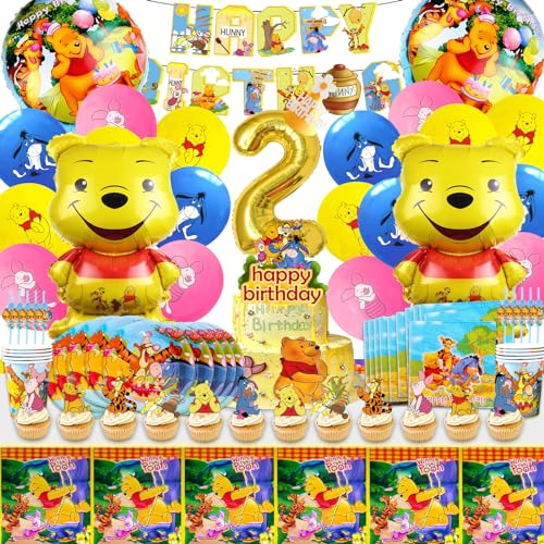 100 Piezas Decoración Cumpleaños Winnie Pooh, Globos de Cumpleaños Winnie Pooh, Winnie Pooh Vajilla, Winnie Pooh Decoracion Tarta, Winnie Pooh Fiesta de Aniversario