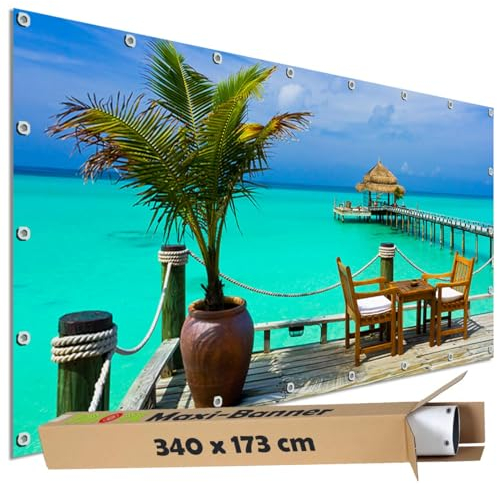 TRIOSK Große Motivplane Sichtschutz Zaunblende mit Motiv Karibik Strandbar Beach Meerblick Motivbanner Garten Deko Plane Blickdicht für Zaun Terrasse Gartenzaun Zaunplane PVC 340x173 cm