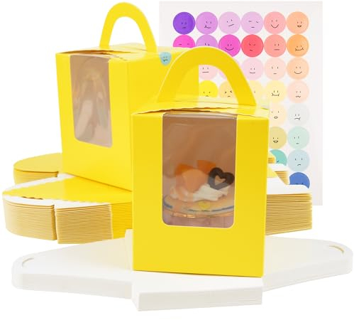 KEYIDO 30 Pcs Individual Cupcake Boxes Yellow Single Cupcake Boxes 1 Hole Cake Box with Clear Window Inserts and 2 Sheets of Stickers for Wedding Birthday Party Favors
