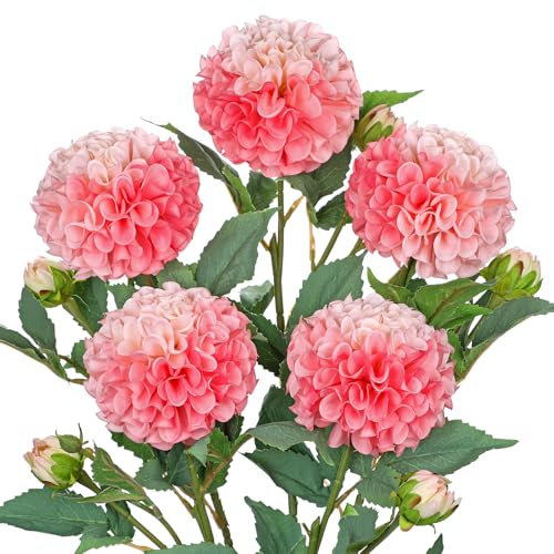 Hollyone Artificial Ball Dahlia Flowers, Set of 5 | 24.8 Tall Silk Dahlia Stems with 5 Buds, 4.7 Pink Fake Blooms Faux Flowers for Home Decor, Centerpiece, Wedding, Floral Arrangements