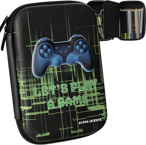KRUZZEL Federmäppchen für Schule Büro 3 Fächer für Kinder und Erwachsene Gaming Design Schwarz 24533