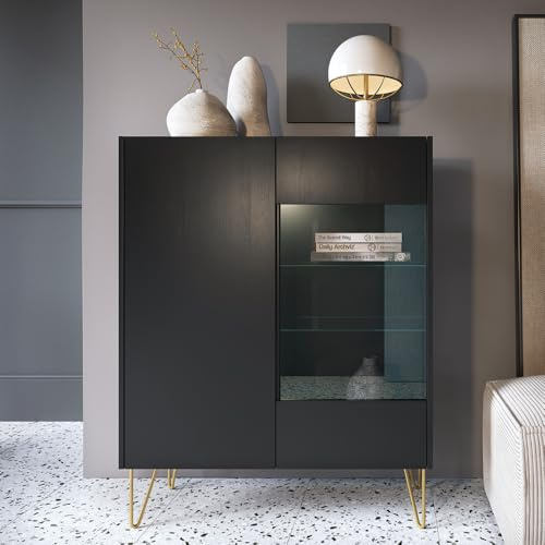 Lomadox Highboard Vitrinenschrank in Graphit, Oberboden in Marmoroptik, Füße goldfarben, grifflos
