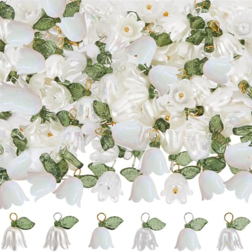 SUNNYCLUE 1 scatola 120 pezzi Ciondolo Fiore di Giglio Ciondolo Giglio Bianco Acrilico Piccolo Primavera Floreale Campanella Foglie Mughetti Ciondolo per Creazione di Gioielli Ciondoli Collane Fornitu