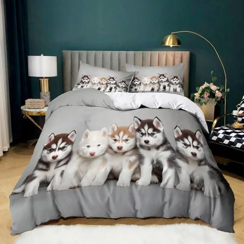 Bettdecke Cover 155 × 220 cm Bettwäsche Grau Braun SüßEr Husky Drucken Schlafzimmer Atmungsaktiv Mikrofaser Bettwäsche Bettbezug Mit Reißverschluss Wird mit 2 Kissenbezügen