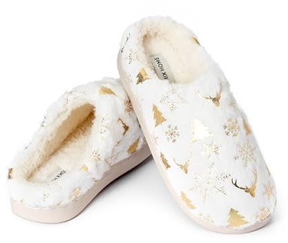 JOMIX Fliz Schuhe Damen Winter Hausschuhe mit Fußbett Schuhe Warme Plüsch Fußbett Lammfell Gefüttert Pantoffeln Slippers Clogs Indoor (Weihnachtsweiß, 40 EU, MD9605)