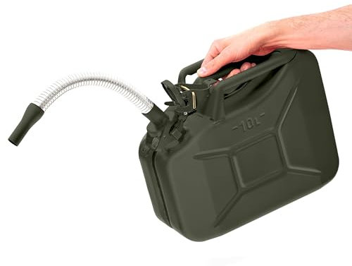 BW® Kraftstoffkanister Metall Benzinkanister 10 Liter mit Ausgießer - Bronzegrün - RAL 6031-F9 - TÜV-geprüft und UN-Zulassung - Made in Europe