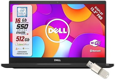 Dell Latitude, Pc Portatile Notebook, Display 13,3 FHD, Intel i5-8350U 1.7Ghz, Ram 16Gb, SSD 512Gb, Libre Office, Win 11, Chiavetta Finger Print (Ricondizionato)
