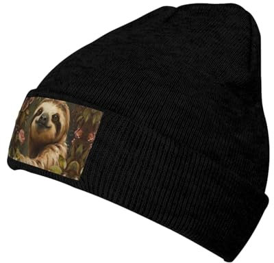 SDEGTHO Niedliche Faultier-Mütze, Unisex, Winter, leicht, Strickmütze, Bündchen, weich, warm, Slouch-Beanie-Mütze, Schwarz , Einheitsgröße