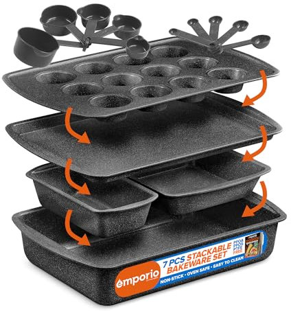 Emporio Kitchen Stackable Baking Pan Set - Deluxe Nonstick White Marble Coating, Carbon Steel Bakeware Sets, PFOA, PFOS, PTFE Free, Recipe Booklet Included, Oven Safe (Up to 450°F), Set of 7 - Gray