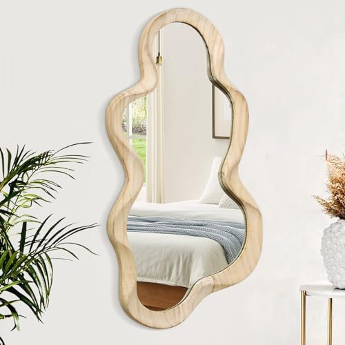Asymmetrischer Spiegel für Wanddekoration Große Moderne hölzerne gerahmte Wandspiegel Einzigartige Form Wand befestigte Künstlerische Spiegel Dekorativ für Wohnzimmer Schlafzimmer Badezimmer Natur