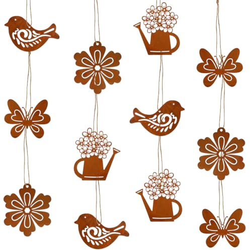 12 Stück Frühlingsdeko Hängedeko,Ostern Gartendeko Rost,Ostern Metall Schmetterling Vogel Blumen Gießkanne deko Hängend,Osterdeko Rost draußen mit Seil,Hängedeko Set für Fenster,Outdoor,Garten
