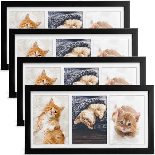 bomoe 4x Bilderrahmen Collage für 3 Fotos 10x15 cm – Fotorahmen Collage aus Holz, Kunststoffglas, Metall-Aufhängung & Passepartout Multirahmen für Bilderrahmen Set – Bilderrahmen 10x15 Schwarz Galeria
