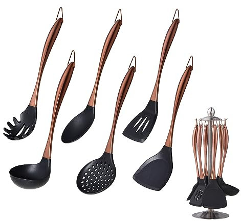 Silicone Kitchen Utensil Set with Utensil Holder 7 Piece Non Scratch & Heat Resistant Cooking Tools Ladle Pasta Server Spatula Serving Spoon Slotted Turner Rose Gold