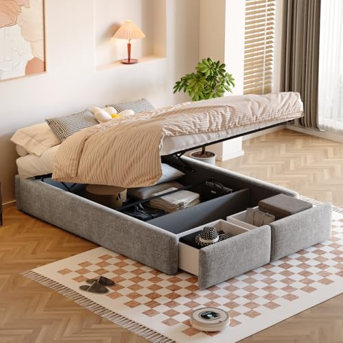 Polsterbett 140x200cm, Doppelbett mit Stauraum und Lattenrost, Ohne Kopfteil Bettrahmen mit hydraulisches Bettkasten und 2 Schubladen, Stauraumbett Bettgestell Jugendbett, Leinen, Ohne Matratze, Grau