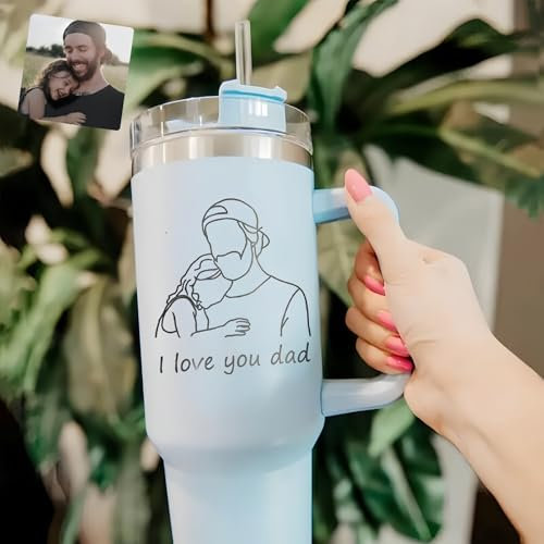 Drawelry Personalisierte Foto Thermobecher mit Henkel Deckel Strohhalm 1.2L Edelstahl Trinkflasche Kaffee Wasser Trink Reise Auto Becher Geburtstag Geschenke für Frauen Männer Paar Liebhaber (B3)