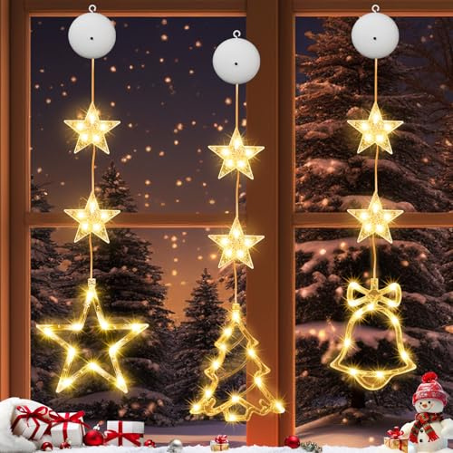 ZHHGOO Weihnachtsbeleuchtung 3 Stück Weihnachtsdeko Fenster Beleuchtet,Lichterkette mit Saugnäpfe, Fenster Beleuchtet Stern Hängeleuchten Vorhang Lichter Fensterbeleuchtung