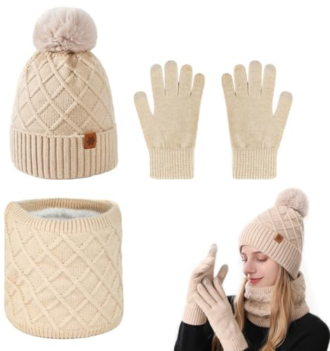 XHYASD 3 in 1 Set Mütze Schal Handschuhe Damen Touchscreen Strick | 3 in 1 Set, Strick, Touchscreen-Handschuhe, warme Mütze Loop, Geschenkidee