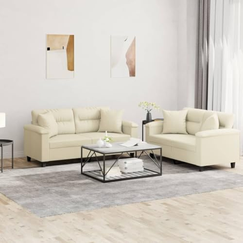 Mandloder 2-TLG. Cremefarbene Sofagarnitur aus robustem Kunstleder mit Komfort-Kissen für Wohnzimmer, 170x77x80cm, Moderne Polstermöbel für Entspannung