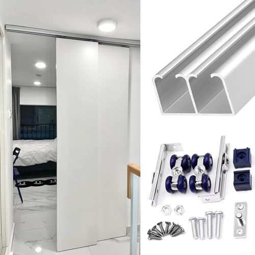 Schiebetür Schiene Doppeltaschen-Türschienen-Set Für Deckenmontage, 300 Cm, 2,2, 1,2, 1,6 M Lang, Robustes Aluminium-Kastenschienen-Schiebetür-Hardware-Set Für Bypass-Türen(Silver,1.7m/66.9in)