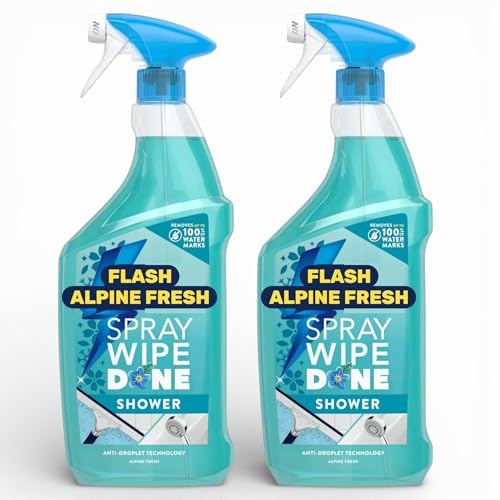 2 x 800ml Flash Spray Wipe Done Shower Alpine Fresh Cleaning Spray – Instant Watermark & Limescale Remover, Sparkling Clean Bathroom Surfaces, Alpine Fresh Scent