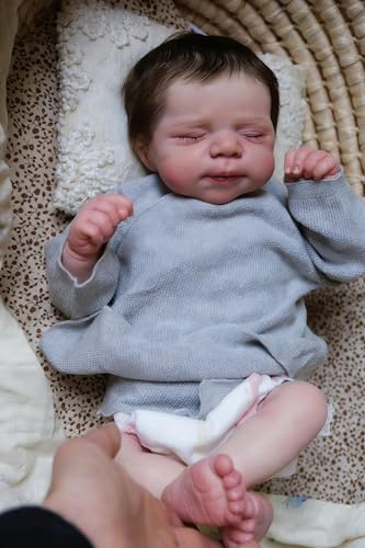RXDOLL Vollsilikon Babypuppe Junge, 45cm Realistische Reborn Babypuppen Silikon Ganzkörper, Reborn Puppen Lebensecht, die Wie Echtes Schlafende Babys Aussehen Junge mit Zubehör