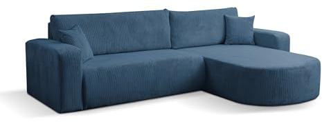 VENASI MÖBEL Ecksofa Tokio, Eckcouch in L-Form mit Schlaffunktion und Bettkasten, Farbe: Blau, Cordstoff, Ottomane Universal