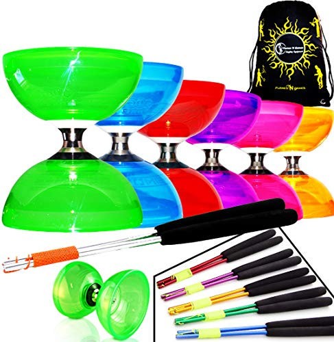 Juggle Dream Diabolo Set Cyclone Quartz II (6 Farben) – Pro Triple Kugellager, Diabolo + Aluminiumstäbe und Schnur + Flames N Games Transporttasche, Grün