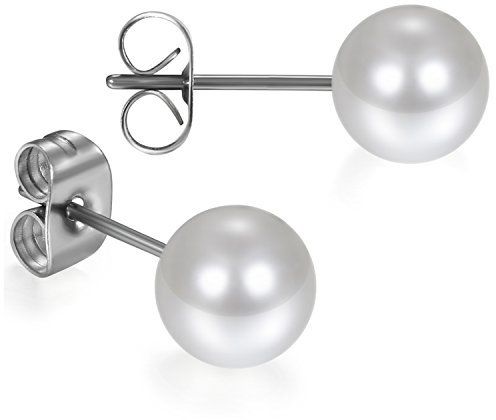 JewelryWe Schmuck Damen Ohrstecker, Elegant Edelstahl Imitation Perlen Kugel Ohrringe Gestüt Stecker Silber Weiß 8mm für Frauen Mädchen