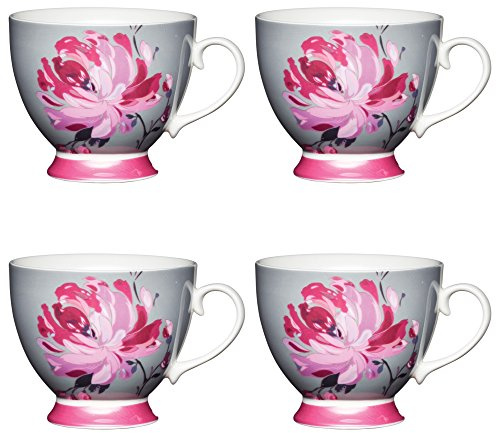 KitchenCraft Large Bone China 'Pink Flower' Footed Floral-Printed Mugs, 400 ml - Grey / Pink (Set of 4)