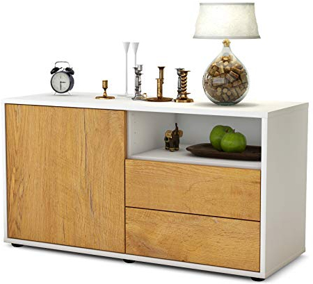 Stil.Zeit TV Schrank Lowboard Alessia, Korpus Weiss matt, Front Holz Design Eiche (92x49x35cm), Push to Open Technik & Leichtlaufschienen