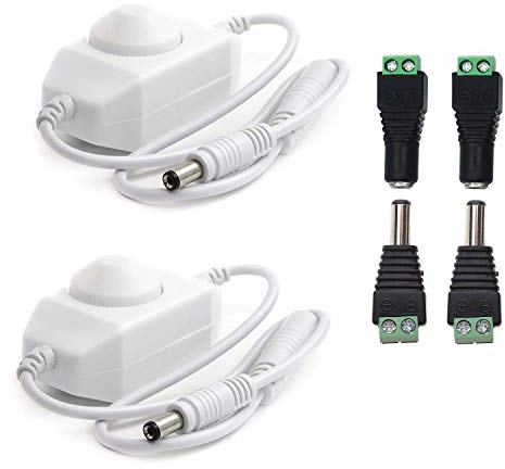LITAELEK 2pcs DC 12V-24V 3A PWM Dimmer COB LED Streifen Schalter Dimmbare SMD LED Strip Controller In-line Dimmschalter Drehdimmer Schnurdimmer Regler Stufenlos Dimmen Kontrolleur für LED Strip, Weiß