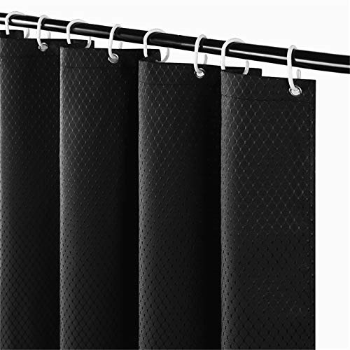 Furlinic Schmaler Duschvorhang für Dusche und Badewanne Schwerer Badvorhang Textil aus Polyester Stoff schimmelresistent Wasserabweisend Waschbar Waffel Schwarz 150x180 mit 10 Duschringen.
