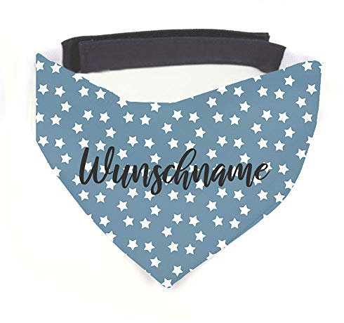 Hundehalstuch mit Namen Vintage Sterne blau personalisiert inklusive Wunschname z.B. Name Ihres Hundes mit 12 cm Klettverschluss für kleine, mittlere und große Hunde (L = Halsumfang 45-60 cm)