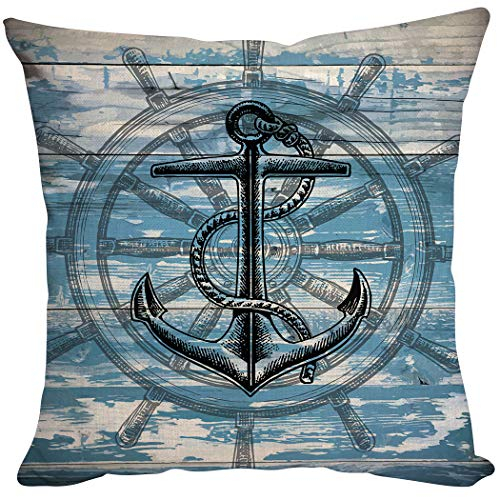 Violetpos Kissenhülle Sofa Zierkissenbezug Auto Zierkissenbezüge Kissenbezüge Kissen Anker Marine Ruder Graue Blaue Holzmaserung 50 x 50 cm