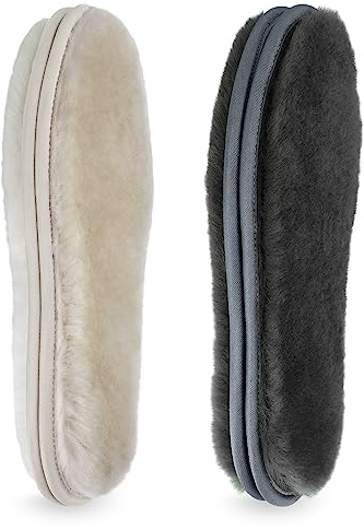 LARGERED 2 Paar Lammfell Einlegesohlen Winter Warme für Damen und Herren,Echte Schaffellsohlen Schuheinlagen Dick Atmungsaktiv Einlagen für Gummistiefel Arbeitsschuhe,Beige und Grau,gr.37
