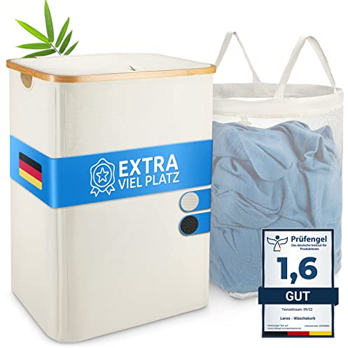 Leroo Wäschekorb mit Deckel [ATMUNGSAKTIV] Wäschekorb beige mit herausnehmbaren Wäschesack - Wäschesortierer für Bade- & Schlafzimmer Wäschesammler Laundry Baskets Wäschebox faltbar mit 100L, Beige
