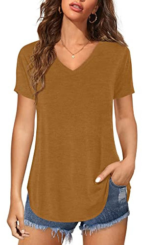 Florboom Sommer Oberteile Damen Shirts Kurzarm Blusen V Ausschnitt T-Shirt Lang, Braun L