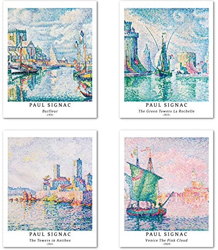 Berkin Arts Kunstdruck Ungerahmt Landschaft Bilder Set von 4, Poster Größe: 20x25 cm Premium Kunstpapier Wanddeko Vintage Fähre Poster Geschenk für Freundin Passenden Küche Deko Paul Signac Paintings